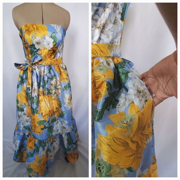 NWT New York & Co Women's Dress Medium Blue Yellow Floral Midi Pockets Strapless - Picture 5 of 11
